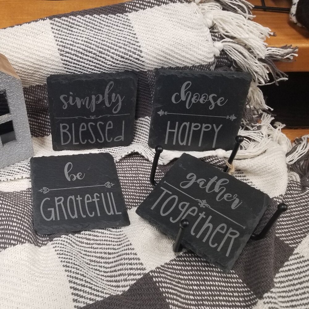 Square Slate Coaster Set: 4 pieces w/Black Wire Stand, Inspirational Designs